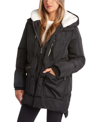Steve Madden womens Puffer Parka Down Alternative Coat, Black Two, Small US