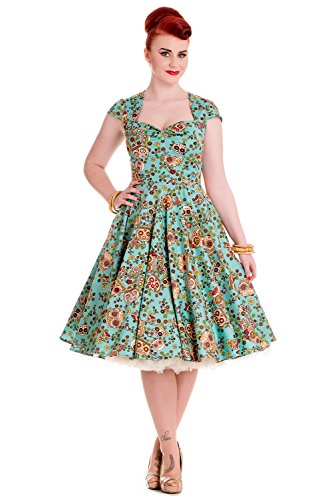 Hell Bunny Sasha Calavera Day of The Dead Flower Sugar Skull Flare Party Dress (Large) Turquoise
