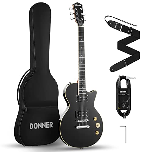 Donner Electric Guitar LP Solid Body, Full-Size 39 Inch Electric Guitar Beginner Kit Black with Bag, Cable, Strap, DLP-124B