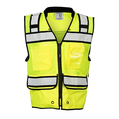 Kishigo Unisex High Visibility Reflective High Performance Surveyors Vest S5004, Zipper Closure, Polyester, ANSI 107 Type R/Class 2, Multiple Pockets for Tools and Equipment Storage (Lime, M)