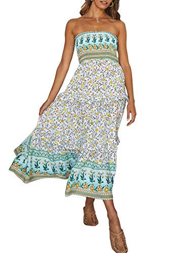 ZESICA Women's 2024 Summer Bohemian Floral Printed Strapless Beach Party Long Maxi Dress,Light Green,Large