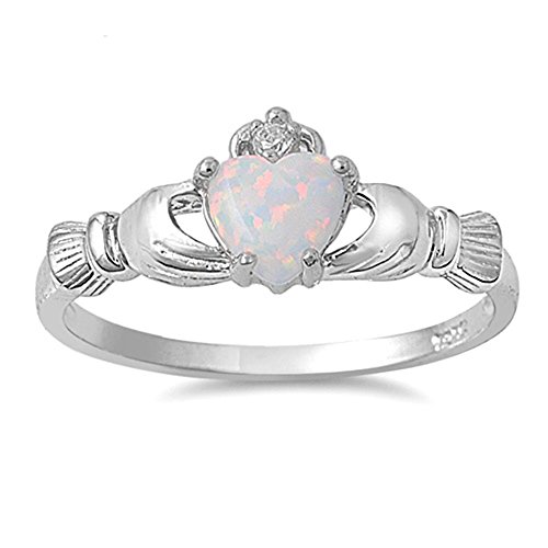 Oxford Diamond Co Irish Claddagh Lab Created White Opal Ring Sterling Silver Size 7
