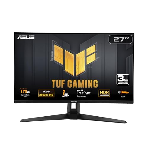 ASUS TUF Gaming 27” 1440P Monitor (VG27AQA1A) - QHD (2560 x 1440), 170Hz (Supports 144Hz), 1ms, Extreme Low Motion Blur, Freesync Premium, Eye Care, HDMI, DisplayPort, Shadow Boost, Speakers, HDR