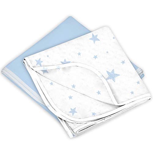 Kushies Baby Receiving Blanket Flannel 2 Pack Blue Scribble Stars/Blue Solid, Blue/White