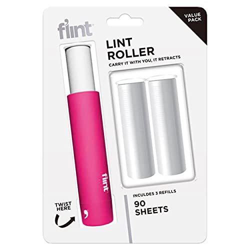 Flint Classic Retractable Lint Roller - Refillable Travel Lint Roller - 90 Sheets (Pink)