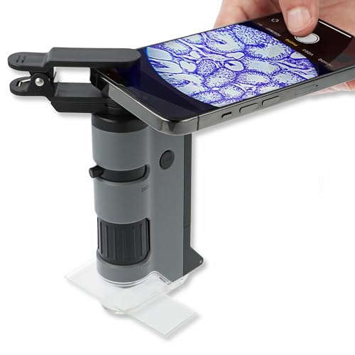 Carson MicroFlip 100x-250x LED and UV Lighted Pocket Microscope with Flip Down Slide Base and Smartphone Digiscoping Clip (MP-250), One Size, Gray
