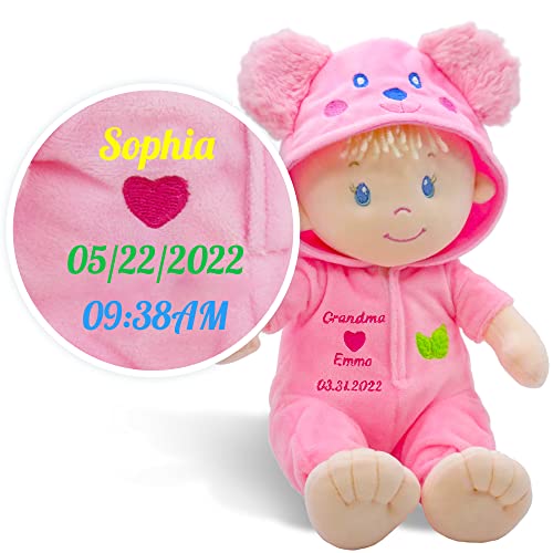June Garden Personalized 12' Sweet Dolly Frida - Stuffed Ultra Soft Baby Bear Doll for Birth and Up with Custom Name, Date or Birth Weight