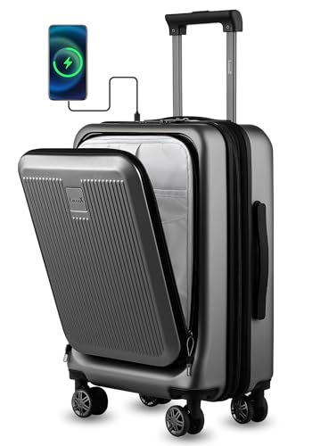 LUGGEX Carry on Luggage 22x14x9 Airline Approved, PC Hard Shell Suitcase with Front Pocket, Expandable Luggage with USB Port (Black, 20 Inch)
