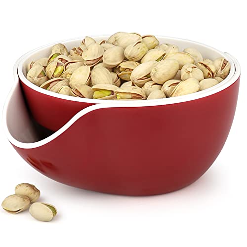 Pistachio Bowl, Snack Serving Dish, Double Peanut Bowl with Nut Seeds Shell Candy Storage, Red