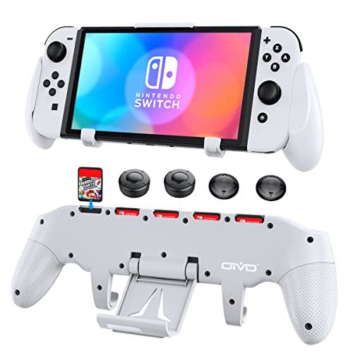OIVO Switch Grip with Upgraded Adjustable Stand, Asymmetrical Grip with Adjustable Stand and 5 Game Slots-4 Thumb Caps Included-White