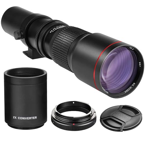 High-Power 500mm/1000mm f/8 Manual Telephoto Lens for Canon EOS 80D, 90D, Rebel T3, T3i, T5, T5i, T6i, T6s, T7, T7I, T8I, SL3, 60D, 70D, 5D, EOS5D IV, 6D II, 7D II SLR Cameras