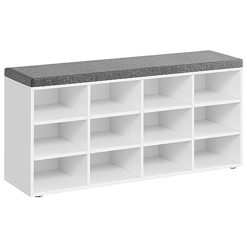 VASAGLE Shoe Bench with Cushion, Storage Bench with Padded Seat, Entryway Bench with 12 Compartments, Adjustable Shelves, for Bedroom, 11.9 x 40.9 x 18.9 Inches, White and Gray ULHS012W14