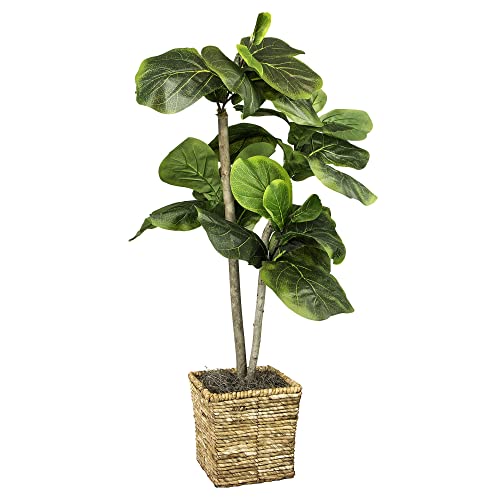 Artificial Fiddle Leaf Fig Tree 3.2FT Faux Indoor Floor Tree in Square Basket with Faux Dirt, Mini - Fake House Plant and Home Décor for Living Room, Office, Kitchen, or Farmhouse - by LCG Florals