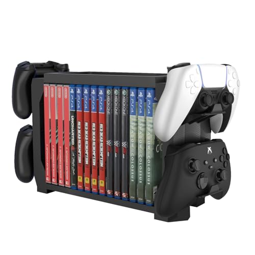 TNP Games Storage Tower (Up to 15 CD Disc) For PS5 Game Disk Rack and Controller Stand Holder For Xbox Series X/Nintendo Switch/PS4 Controller Stand Holder Can hold up to 4 controller