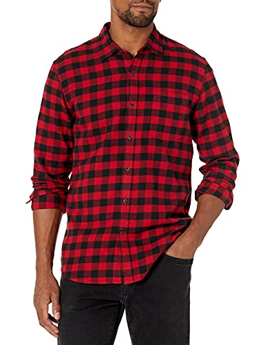Amazon Essentials Men's Slim-Fit Long-Sleeve Flannel Shirt, Red Buffalo Plaid, Large