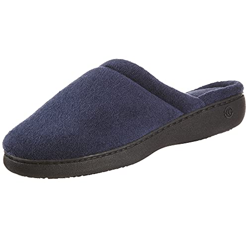 isotoner Women's Terry Slip On Clog Slipper with Memory Foam for Indoor/Outdoor Comfort, Navy Rounded, 7/8