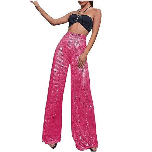 LAWOR Womens Sequins Palazzo Pants Baggy Party Club Wide Leg Pants High Waisted Sparkly Trousers Elegant Bootcut Long Pants