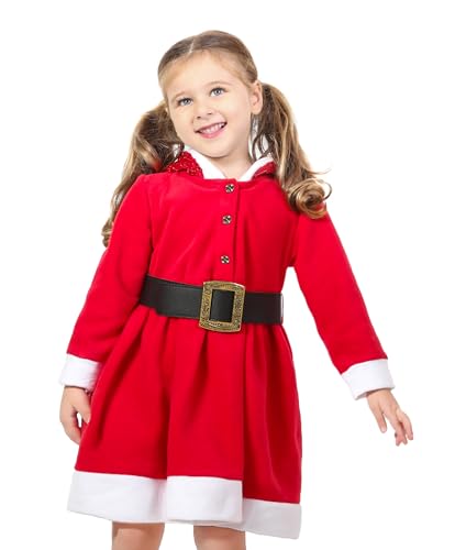 Lilax Party Dress-up Outfit for Girls, Kids Holiday Santa Claus Dress, Christmas Dress Holiday, Sparkle Hood Red Dress with Belt