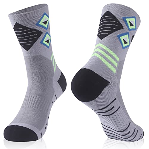 RANDY SUN Running Mid Calf Socks, Breathable Waterproof Socks Running Socks Gift Men's Cycling Biking Climbing Fishing Socks, 1 Pair-Grey&Black&Fluorescent X-Small
