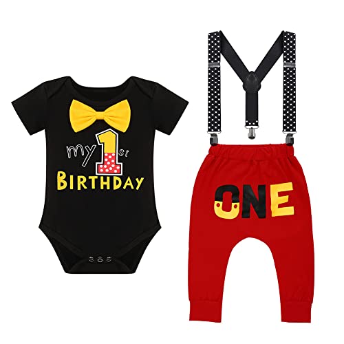IBTOM CASTLE Baby Boys First Birthday Party Formal Outfits Cake Smash Photo Shoot Costume Wild ONE Gentleman Bowtie Romper Bodysuit Long Haren Pants Suspenders Black 12-18 Months