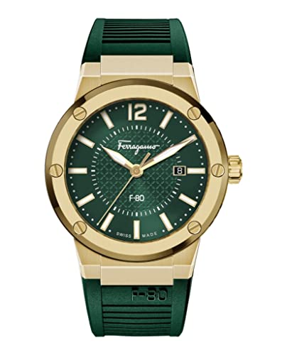 Ferragamo Mens Swiss Made Watch F-80 Collection Featuring Sporty Green Silicone Adjustable Strap, Green Guilloche Dial, Gold Tone Stainless Steel Case and Swiss Quartz Movement. Luminous Hands and