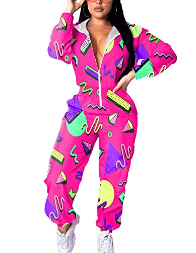EOSIEDUR Women's One Piece Tracksuit Outfits Windbreaker Jacket Camouflage Crop Top Pants Jumpsuit Set Printing L