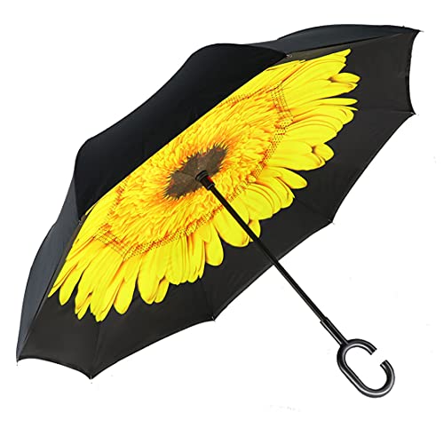 MRTLLOA 40/49/56 Inch Oversize Windproof Inverted Reverse Upside Down Umbrella, Golf Size Rain Umbrella, Double Layer, C-Shaped Handle for Men, Women and Kids (Sunflower, 49 Inch)
