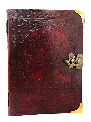 AzureGreen Leather Celtic Tree of Life Book of Shadows Blank Spell Book Wicca (Brown Large)