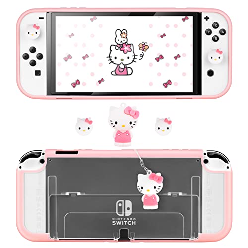 DLseego Clear and Pink Switch OLED Protective Case Scratch Resistant Cover Shell with Kitty Cat Thumb Grips Caps and Charm