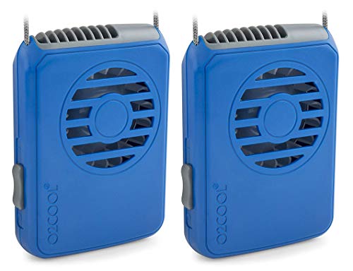 O2COOL Battery Powered Deluxe Necklace Fan For Personal Cooling With Adjustable Lanyard (Blue) 2 Pack