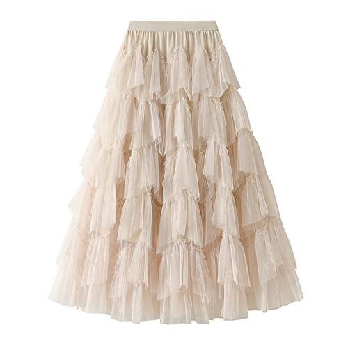 Dirholl Women's A-Line Fairy Elastic Waist Tulle Midi Skirt Tutu Apricot