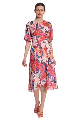 Maggy London Women's Below Knee Hi-Lo Empire Dress with Puff Elbow Sleeves, Soft Pink/Savvy Red, 10