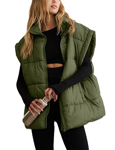 APAFES Women Winter Oversized Puffer Vest Quilted Lightweight Stand Collar Flysleeve Insulated Padded Puffy Jackets Coat with Pockets(871-ArmyGreen-S)