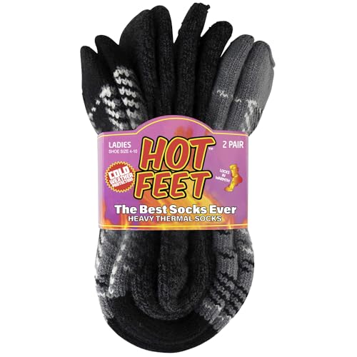 HOT FEET 2 Pack Warm Cozy Thermal Socks for Women - Thick Insulated Crew for Cold Winter Weather. Heather Black/Plaid Gray