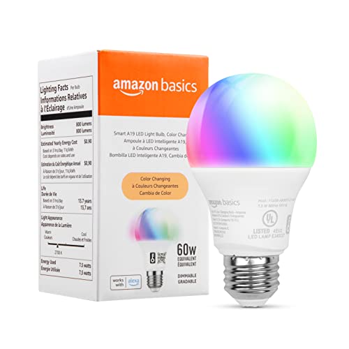 Amazon Basics - Smart A19 LED Light Bulb, 2.4 GHz Wi-Fi, 7.5W (Equivalent to 60W) 800LM, Works with Alexa Only, 1-Pack, Certified for Humans, Multicolor