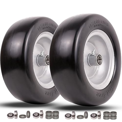 11x4.00-5 lawn mower tires flat free, Solid Smooth Tires and Wheel with 3/4' or 5/8' & 1/2' Precision bearings, 3.4'-5.6' Centered Hub, for Zero-Turn Lawn Mowers, Extra Universal Adapter Kit (2 Pack)