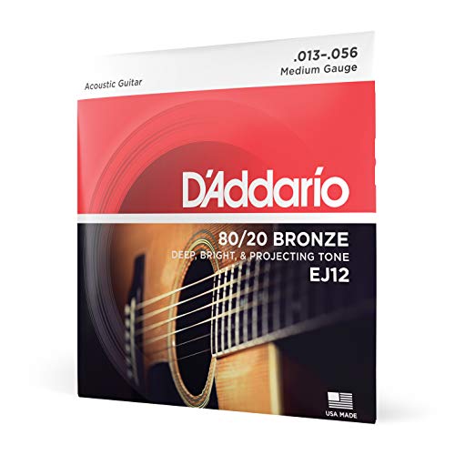 D'Addario Guitar Strings - Acoustic Guitar Strings - 80/20 Bronze - For 6 String Guitar - Deep, Bright, Projecting Tone - EJ12 - Medium, 13-56