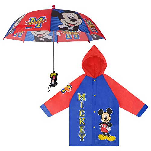 Disney Boys Umbrella and Poncho Raincoat Set, Mickey Mouse Kids Rain Wear For Kids Ages 4-5