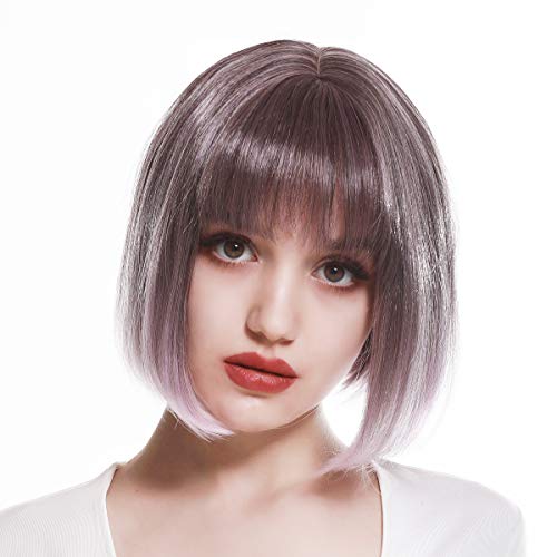 SARLA Short Bob Wigs with Bangs 8 Inch Fashion Synthetic Colorful Cosplay Daily Party Wig for Women Smoky Lilac