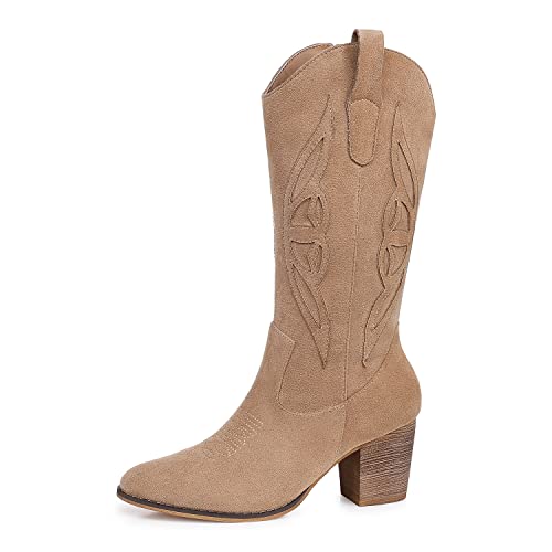 SHIBEVER Cowboy Boots for Women Mid: Womens Western Style Cowgirl Boots Wide Calf High Heeled Round Toe Boots Khaki Size 6