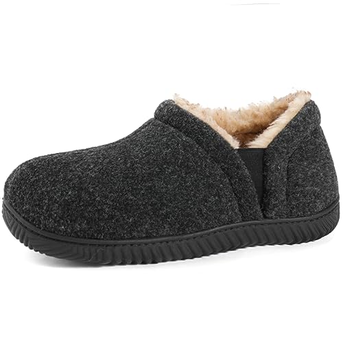 Zizor Men's Fuzzy Wool Fleece Slippers with Cozy Memory Foam, Indoor Outdoor Closed Back House Shoes with Non-skid Rubber Sole Hard Bottom, Onyx Black, 11