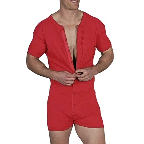 Mens Short Sleeve Onesie Henley Jumpsuit Pajamas Stretchy Cotton One Piece Garment Red M