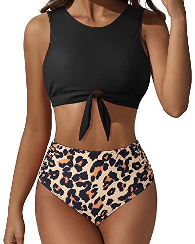 SUUKSESS Women Tie Knot Tankini Set High Waist 2 Piece Crop Swimsuits (Medium, Black Leopard)