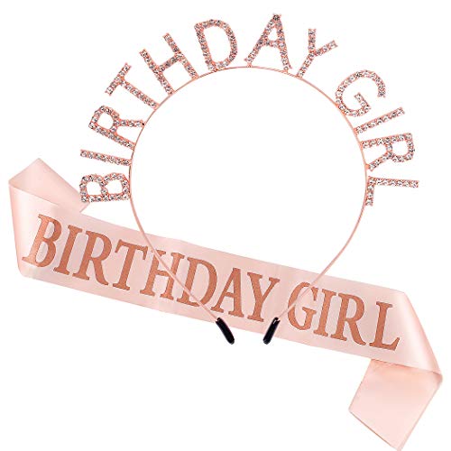 AOPRIE Rose Gold Birthday Tiara and Crown With Sash for Women - Rhinestone Princess Headband and Happy Birthday Accessories