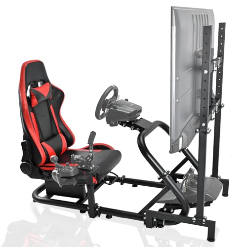 Minneer Immersive Drive Fly Simulator Cockpit with Red Seat and TV Stand Fit for Logitech/Thrustmaster/Fanatec G29/G920/T248 Racing Wheel Stand(Wheel, Pedal, Handbrake Not Included)