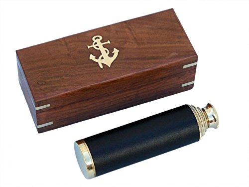 Hampton Nautical Captain's Brass/Leather Spyglass Telescope with Rosewood Box, 15', Brass