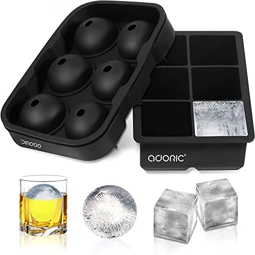Ice Cube Tray, Large Square Ice Tray and Sphere Ice Ball Maker with Lid for Whiskey, Reusable and BPA Free (Silicone Ice Cube Molds Set of 2)