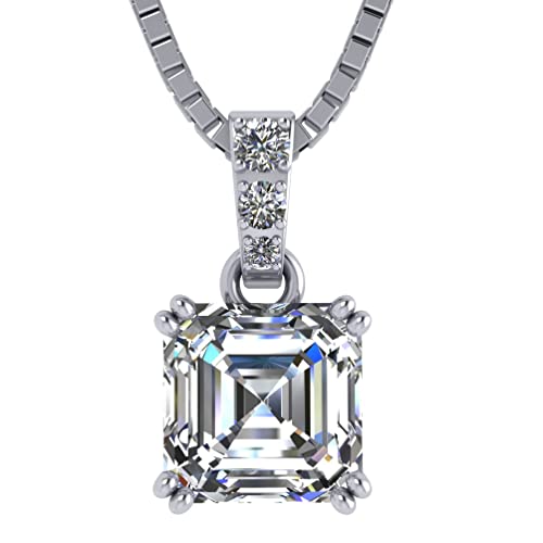NANA Jewels Asscher Cut CZ Simulated Diamond Solitaire Necklace Sterling Silver, 8mm (3.00ct) - Platinum Plated