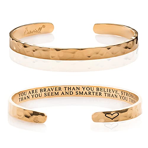 Carviell Inspirational Bracelets for Women, Encouragement Gifts, Women's Bracelets, Mantra Bands You Are Stronger, Motivational Cuff, Gifts for your Best Friend, Engraved Silver Bangle
