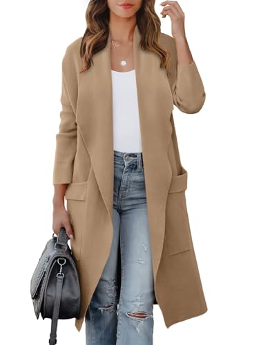 ANRABESS Women's 2023 Fall Cardigans Casual Long Sleeve Lapel Open Front Knit Pockets Long Cardigan Jackets Oversized Sweater Coatigan Cozy Warm Winter Coat Fashion Trendy Outwear 580shenxing-M Khaki